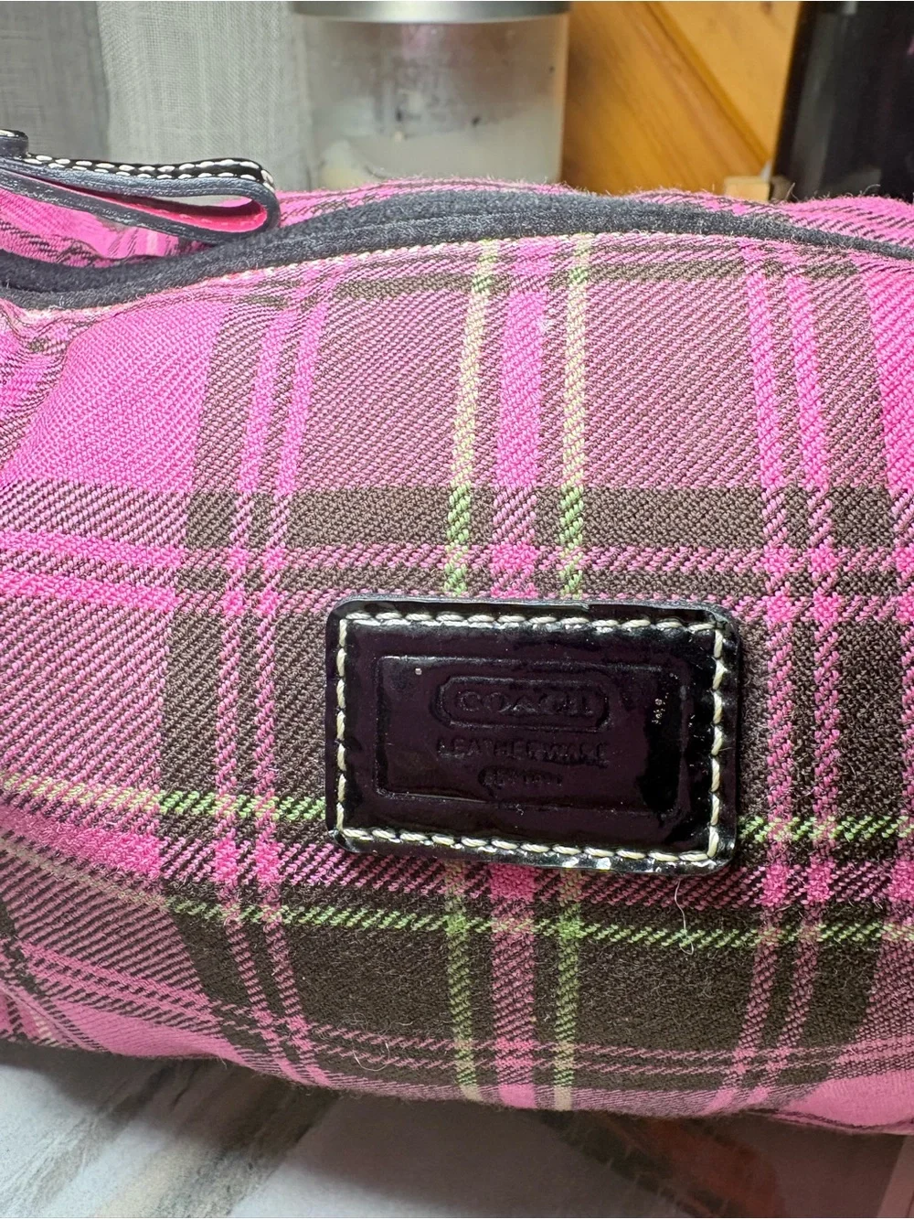 Coach Pink Plaid Mini Shoulder Bag with Teddy Charm